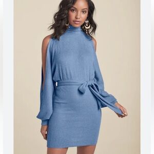 Venus Blue Turtleneck Open Shoulder Belted Ribbed Sweater Mini Dress -Medium